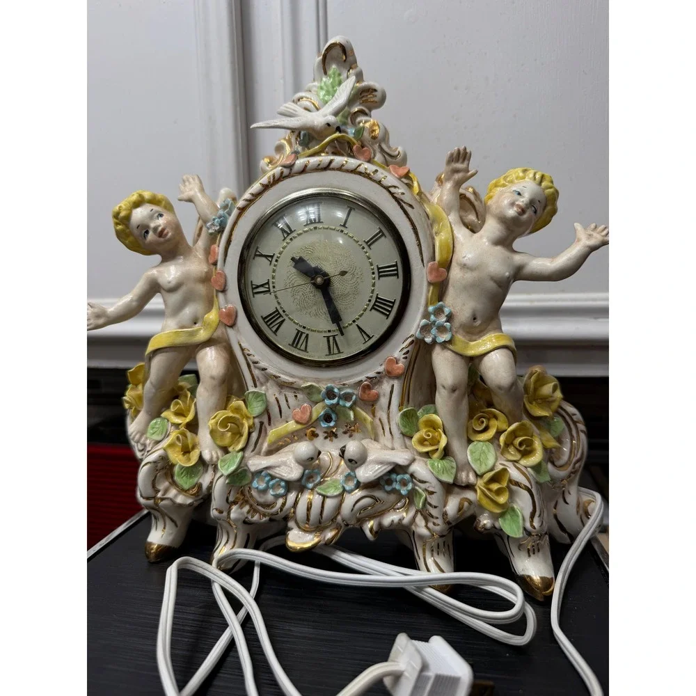 Vintage Lanshire Porcelain Mantel Clock Cherubs Doves Roses Gold Gilt Electric